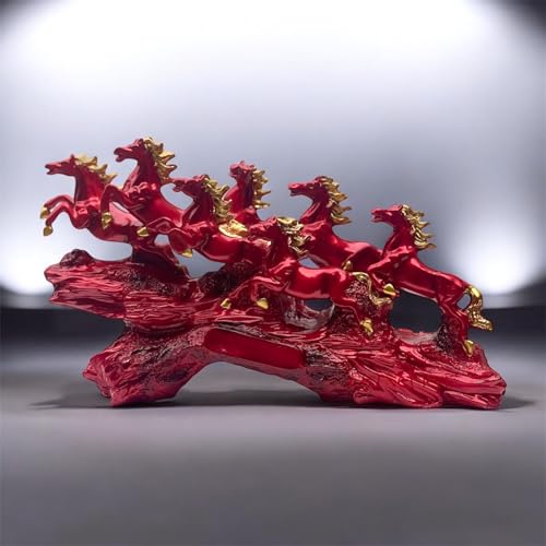 Image of 7 Horse Idol for Vastu | Seven Running Horses Showpiece for Home Decor | Decorative Statue for Good Luck & Prosperity | Resin Vaastu Gift for Living Room or Office (Red)