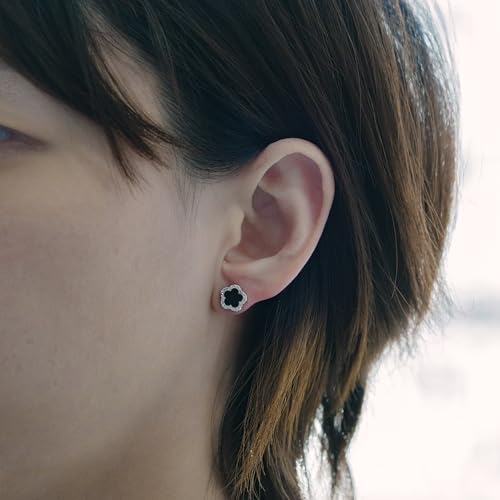 Evensee Five Leaf Clover Set Studs Earrings Necklace Black Onyx 925 Sterling Silver,Rhodium Plated Matching Flower Jewelry,Wedding Gift Bridal Party for Her - Image 2