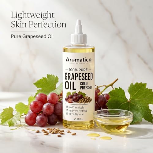 Image of AROMATICO Cold Pressed Grapeseed Oil for Hair & Skin - Lightweight Grape Seed Oil for Oily Scalp, Acne-Prone Skin & Body Massage | 200ml