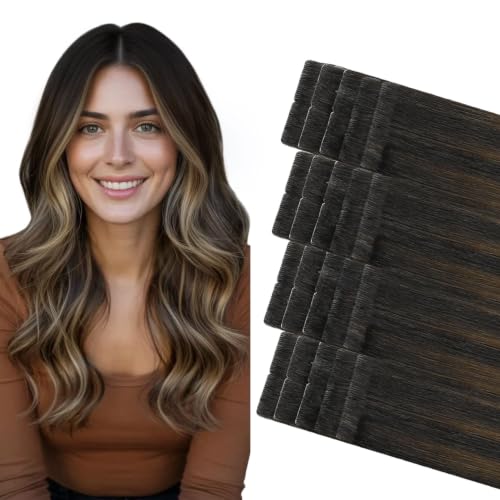 Image of COOKAYU Invisi Edge Tape in Hair Extensions Real Human Hair Seamless Injected Tape Ins 18Inch 20pcs 40g Natural Black to Medium Brown and Caramel blonde Extensions