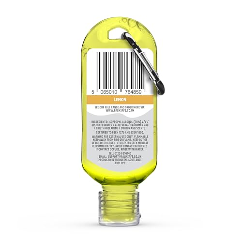 Palm Safe Lemon 60ml Anti Bacterial Premium Hand Sanitiser Travel Size Refillable Clip Bottle Quick Drying Non Sticky Extra Moisturising Kills 99.9% of Viruses and Bacteria