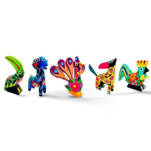 DREAMCO SUPPLIES Alebrijes Mexican Wood Carving Sculptures, Oaxacan Alebrije Set of 5, Animal Figurines, 2-3 inches Model 2