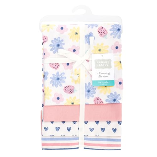 Image of Hudson Baby Infant Girls Cotton Flannel Receiving Blankets 4-Pack, Flowers And Strawberries, One Size