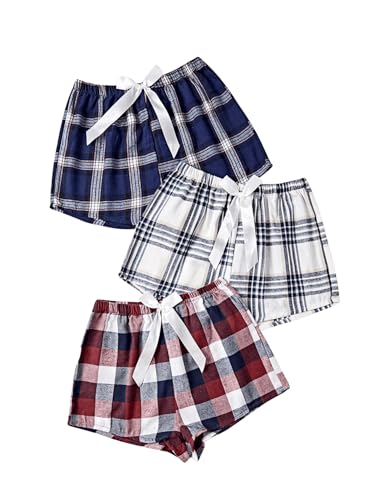 GORGLITTER Women's 3 Packs Plaid Pajama Shorts Tie Front Sleeping Shorts Elastic Waist Pajama Bottoms Sleepwear
