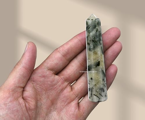 Image of Amazing Gemstone Green Tourmaline in Quartz Crystal Towers - Natural Healing Crystal Point Obelisk for Reiki Healing and Crystal Grid (3 inch to 4 inch INCH)