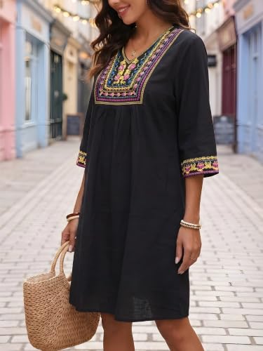 Image of LauraKlein Mexican Embroidered Dress for Women Plus Size Boho 3 /4 Sleeve Summer Dresses Fiesta V-Neck Casual Vacation Clothes
