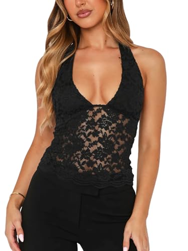 NODHUT Women's Sexy Lace V Neck Backless Halter Top Y2K Fitted