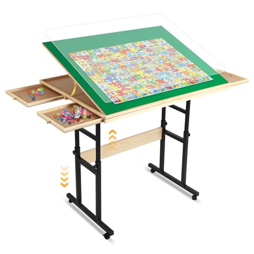 FAHKNS Jigsaw Puzzle Table with Legs, Adjustable Height & 4 Storage Drawers Puzzle Table with Drawers, Kids to Adults Puzzle Board with Locking Wheels, Angle Tilt & Cover, for Family Game Nights by FAHKNS - Used condition - US$79.70