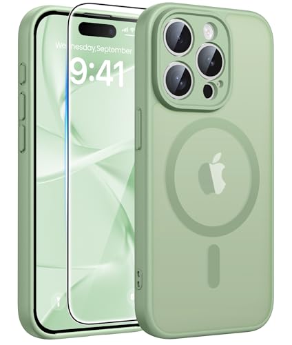 Image of FNTCASE for iPhone 15 Pro Max Case: [Compatible with Magsafe] Translucent Matte Cases with [Full Camera Protection] [Screen Protector] Military Grade Shockproof Protective Phone Cover - Light Moss