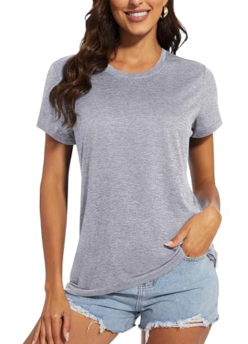 MAGCOMSEN Womens Dry Fit Shirts Yoga Tops Wicking Running Active Shirts Summer Hiking Shirts Workout T Shirts for Women Light Grey Medium