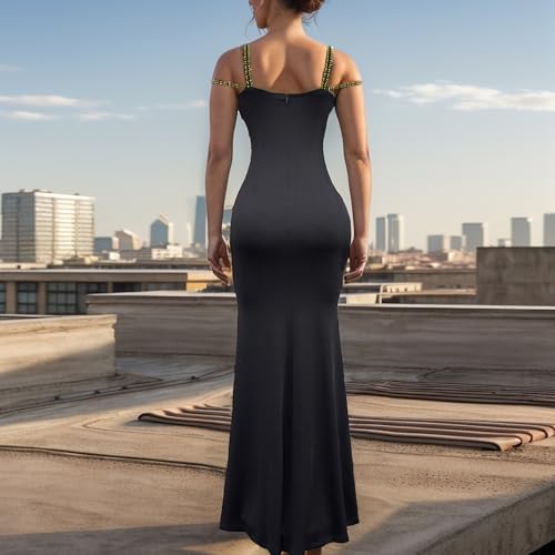 Image of Nagfar Women's Sexy Rhinestone Dresses Spaghetti Strap Halter Mesh Long Dress Birthday Party Club Night Outfit(S7027-Gold-S)