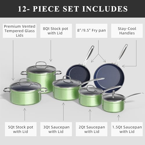 Nuwave Healthy Duralon Blue Ceramic Nonstick Cookware Set, Diamond Infused Scratch-Resistant, PFAS Free, Dishwasher & Oven Safe, Induction Ready & Evenly Heats, Tempered Glass Lids & Stay-Cool Handles by Nuwave - Image 2
