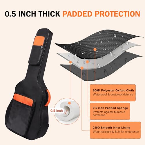 PPOPPO Acoustic Guitar Gig Bag Fits 40/41/42 Inch & 12-String Guitars, 0.5 Inch Thick Padded for Enhanced Protection, 600D Waterproof Soft Backpack Case with Neck Fixed Strap & Dual Shoulder Straps