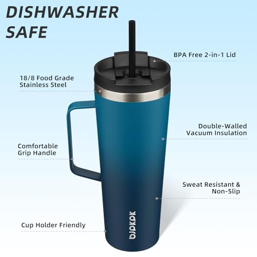 Image of BJPKPK 26oz Insulated Tumbler with Handle, Lid & Straw, Stainless Steel