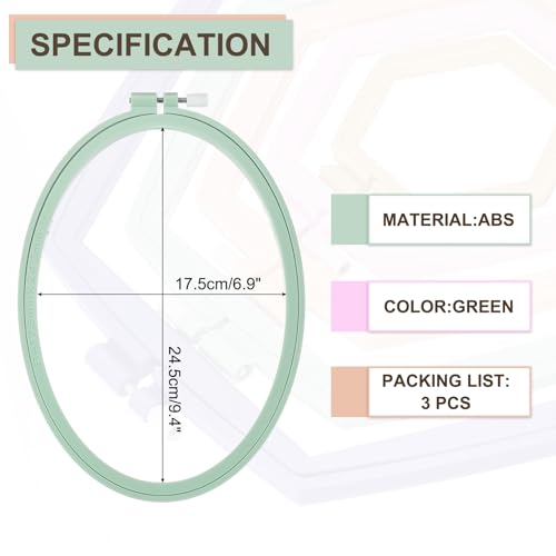 Image of PATIKIL 3 Pieces 6.9 inch x 9.4 inch Oval Embroidery Hoops, Adjustable Cross Stitch Hoops Ring ABS Plastic Embroidery Frame Punch Needle Hoop for Sewing, Needlework, DIY Craft, Green