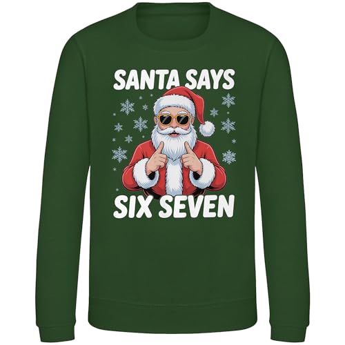 Image of Purple Print House Santa Says Six Seven Kids Christmas Sweatshirt - Funny 6 7 Trend Xmas Jumper for Son or Daughter - Boys Girls Viral Meme Festive Sweater, 7-8 Years, Bottle Green