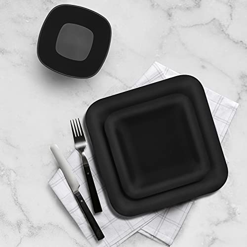 Melamine Dinnerware Set - 12 Pcs Melamine Plates Indoor And Outdoor Use Matte Black Plates And Bowls Dinnerware Sets Summer Fall Camping Dish Set For 4 Dishwasher Safe（Square） #TOP4