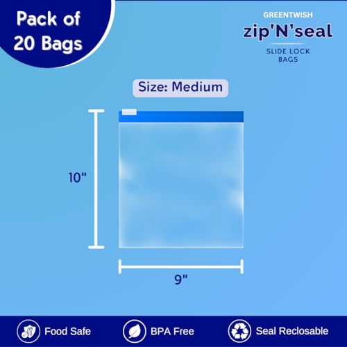 Image of GREENTWISH Zip 'N' Seal (Pack of 20) Slider Zip Lock Bag for Food Storage, Freezer /Microwave Safe, Reusable LDPE Transparent Zipper Bag, Vegetable Bags For Fridge Storage | Size: Medium (9 x 10 Inch)