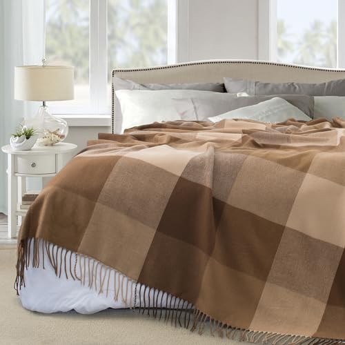 GINAMUSE Buffalo Plaid Twin Blanket for Couch with Tassels,60"X80" Soft Lightweight Knitted Boho Decorative Blankets for Bed and Sofa Camel by GINAMUSE - Image 5
