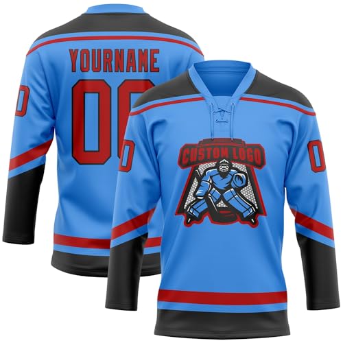 Custom Blue Red-Black Hockey Lace Neck Jersey, Mens Hockey Jersey, Hockey Jerseys, Practice Hockey Jersey, Hockey Jerseys, Hockey Team Jerseys for Men, Hockey Jerseys for Men, Hockey Jersey