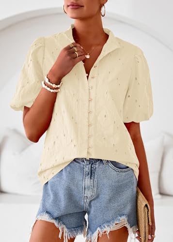 Lazysmile Summer Boho Tops for Women Short Sleeve V Neck Button Down Hollow Out Lace Embroidered Blouses Shirts Apricot — view 4