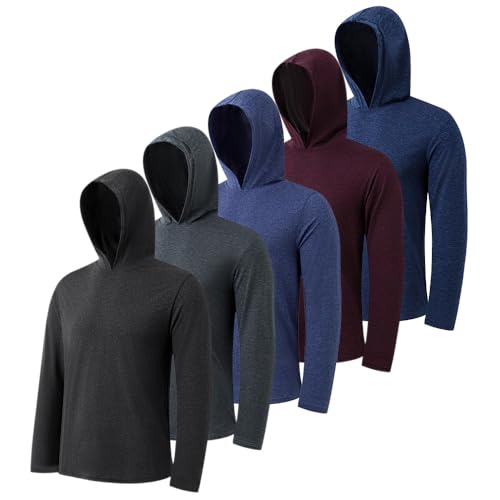 5 Pack Men's Lightweight Pullover Hooded Tees – Long Sleeve Sweatshirts for Gym, Running, Fishing