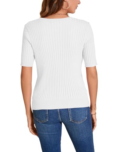 Image of Women Summer Knit Shirt Blouse V Neck Short Sleeve Pullover Sweater Tops