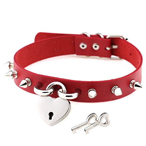 LINKY Heart Lock Studded Spiked Rivets Punk Leather Choker Collar Necklace (Red)