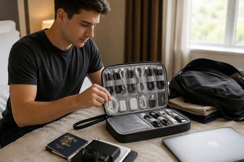 Image of SaleOn 9x6 Inch 2 Layer Travel Organizer Pouch for Gadgets Cables Chargers Power Bank Cable Organiser Tech Bag Laptop Accessories Travel Pouch for Men (Black)