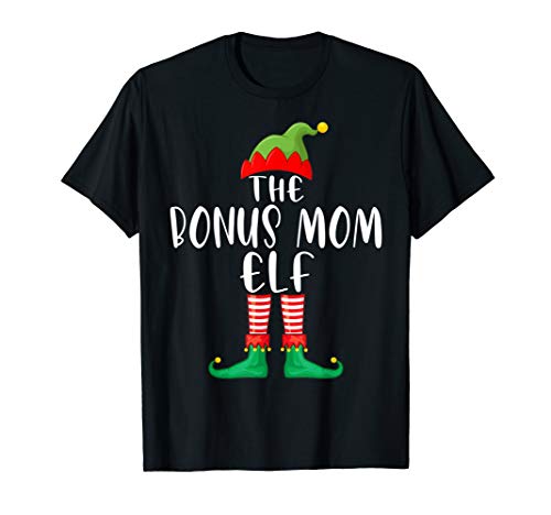 picture of a black t-shirt that says, THE BONUS MOM ELF, with elf legs underneath and an elf hat on top; includes a link to purchase on Amazon