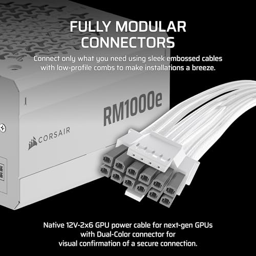 Image of CORSAIR RM1000e ATX 3.1 PCIe 5.1 Ready Fully Modular 1000W Power Supply - 12V-2x6 Cable Included, Cybenetics Gold Efficiency, 105C-Rated Capacitors, Modern Standby Mode - White