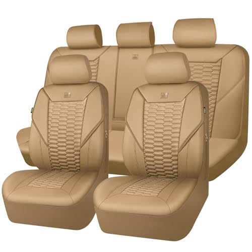 CAR PASS 3D Foam PU Leather Car Seat Covers Full Set,Luxury Breathable Faux Leather Seat Covers for Car,Anti Slip Universal Fit for SUVs Vans Sedan Truck Automotive,Armrest Airbag Compatible All Beige
