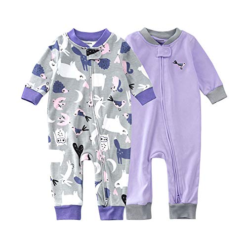 Baby 2 Pack Footless Pajamas Romper Cotton Long Sleeve 2 Way Zipper Printing Embroidery Jumpsuit Sleep and Play 3-24 Months (Bird, 6-12 Months)