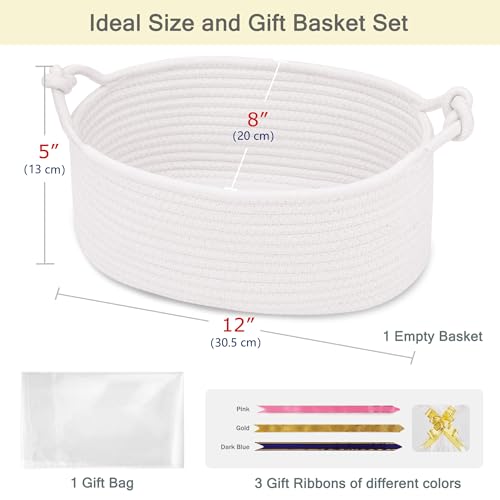 Image of Small Empty Gift Basket with Bag & Ribbons, White | 12 inchx8 inchx5 inch, Cotton Rope Woven Basket for Birthdays, Baby Showers, Mother's Day, Christmas; Stores Small Items, Kids & Pet Toys