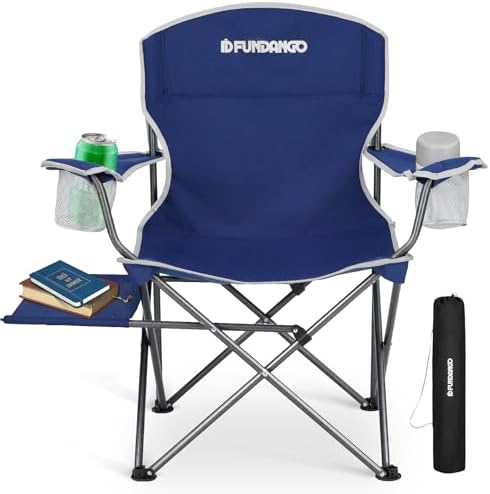 FUNDANGO Folding Camping Chair with Table, Portable Heavy Duty Outdoor Padded Chairs for Adults with Cup Holders for Lawn Beach Picnic Outside Travel (Blue)