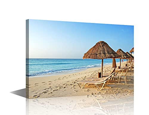 TISHIRON Canvas Prints Wall Art Beach Reclining Chair Landscape Sea Sandy Beach Pictures Stretched Canvas Wooden Framed for living Room Bedroom and Office 12x8inch