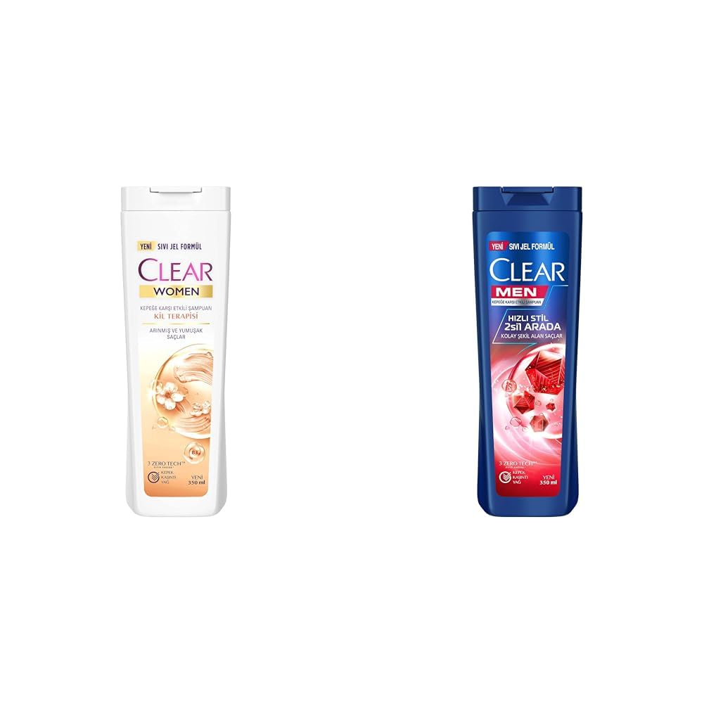 Clear Women Kil Terapisi Arınmış ve Yumuşak Saçlar Kepeğe Karşı Etkili Şampuan 350 ml(1) Clear Men Kepeğe Karşı Etkili Şampuan Hızlı Stil 2'si 1 Arada Kolay Şekil Alan Saçlar 350 ml Mavi(1)