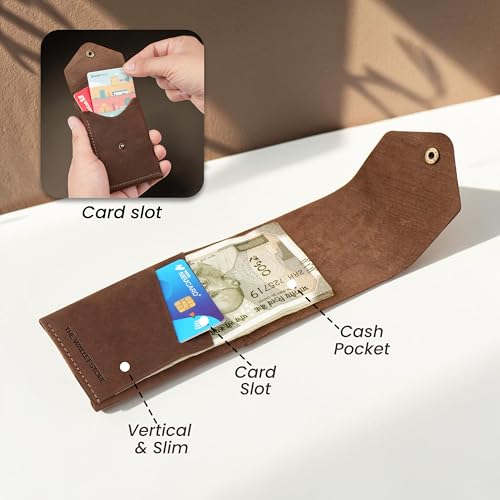 Image of The Wallet Store Flip 2.0 Genuine Leather Vertical Slim Wallet for Men | Easy Quick Card Access | Compact Front Cash Pocket & Button Lock | Minimalist Travel & Daily Carry Wallet (Brown)