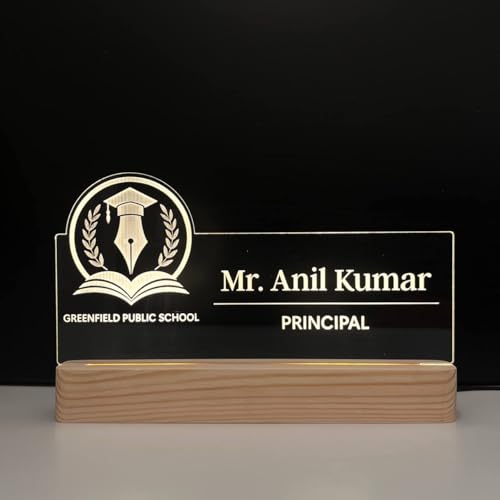 Image of Customised Acrylic Desk Name Lamp for Principal | Custom LED Light with School College Logo | Best Birthday Rakhi New Joining Office Gift for Vice Principal, Headmaster, Headmistress, School Director Admin Teacher (10 x 6 inch) (For Principal)