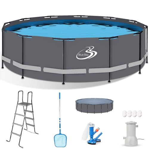 BlueBay 15ft x 48in Round Metal Frame Pool, Above Ground Outdoor Swimming Pool Set with 1000 GPH Filter Pump, Pool Cover, Ladder, Maintenance Kit, Gray Frame