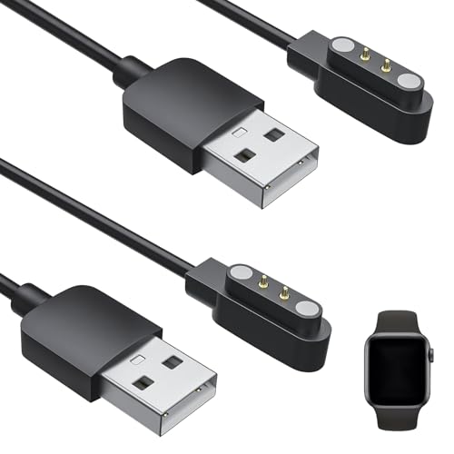Smart Watch Charger, Smart Watch 2 pin 4mm Charging Cable Magnetic Compatible with YAMAY SW022, Ticwatch GTX, Haylou RT LS05S, AGPTEK LW11, USB Charger Secure Connection, Quick Charge, Black (2pcs)