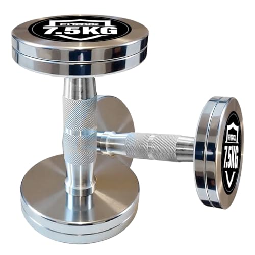Image of Fitrxx Pair of chrome plated steel Fixed Weight Dumbbells - Gym equipment for home workout | Fitness Gym Dumbbell set for Muscles | stainless steel dumbles set | Dumbell Weights for Workout (Silver, 7.5 Kg Pair)