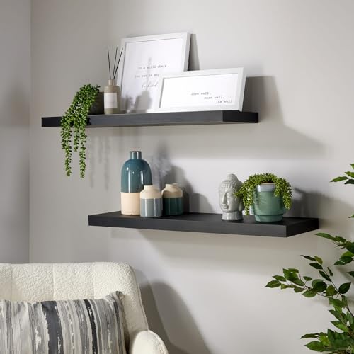 Home Source Pair of 2 Floating Wall Mounted Storage Shelf Wooden DVD Book Shelves, Matt Black, 80 cm