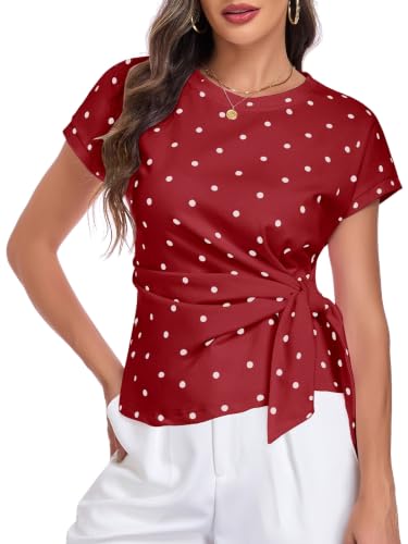 Image of HOTIAN Womens Cap Sleeve T Shirts 2026 Tie Waist Wrap Tops Crew Neck Blouses Dressy Casual Loose Work Business Dressy