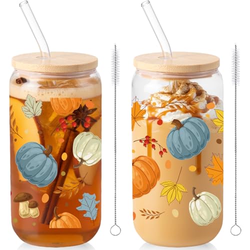 Sliner 2 Pcs Thanksgiving Glass Cups Pumpkin Maple Leaves Drinking Tumbler Fall Gifts 16 oz Iced Coffee Cup with Lid Straw Cleaning Brush for Autumn Home Office Holiday Decorations