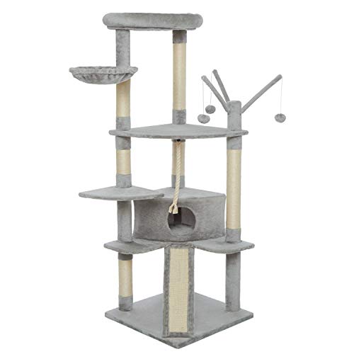Meerveil Kratzbaum Groß, Stabiler Kratzbaum Katzenbaum, Säulen mit Natürlicher Sisal Umwickelt, Katzenbaum XXL mit Verbreiterter und Verdickter Bodenplatte ，Mehrere Ebenen Plattform,167 cm (Hell Grau)