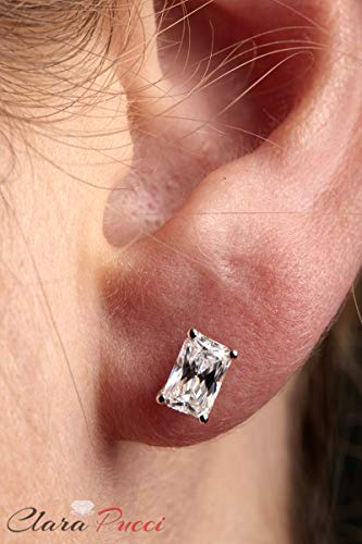 2 Ct Brilliant Emerald Cut Solitaire Studs Stunning Genuine Vvs1 Flawless Clear Simulated Diamond Solid 18K White Gold Designer Earrings Screw Back #TOP3