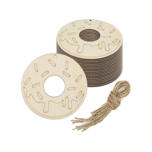 Creaides 20pcs Donuts Wood DIY Crafts Cutouts Wooden Donuts Shaped Hanging Ornaments with Hole Hemp Ropes Wood Tags for Baby Shower Wedding Birthday Christmas Decorations