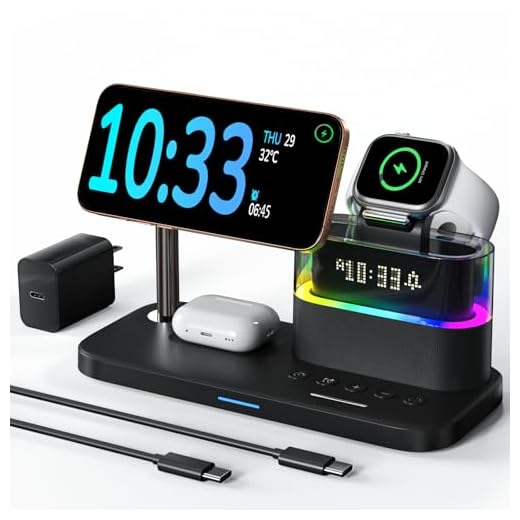 5 in 1 Wireless Charger with Alarm Clock for Apple Multiple Devices,Bedside Night Light Nightstand Mag-Safe Charging Station for iPhone 16/15/14/13/12,Apple Watch,Air-Pods(Black)