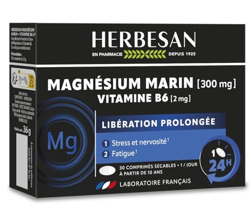 HERBESAN ® - MAGNÉSIUM LIBÉRATION PROLONGÉE - Stress, surmenage, fatigue passagère - Fabrication française - 30 comprimés